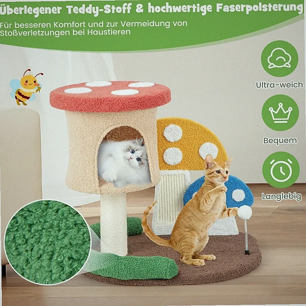 Northix Kratzbaum Pilzoptik Katzenhoehle Sisal Kratzbrett Spielball 60x49x59 cm