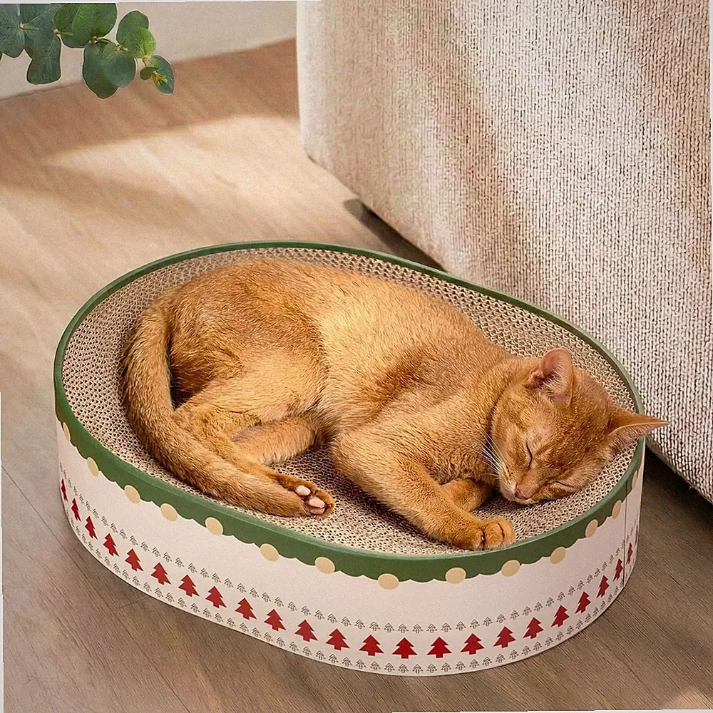 Ovales Katzen-Kratzbrett aus Pappe, Geschlossener Boden, Mittel | 2-in-1 Kratzlo