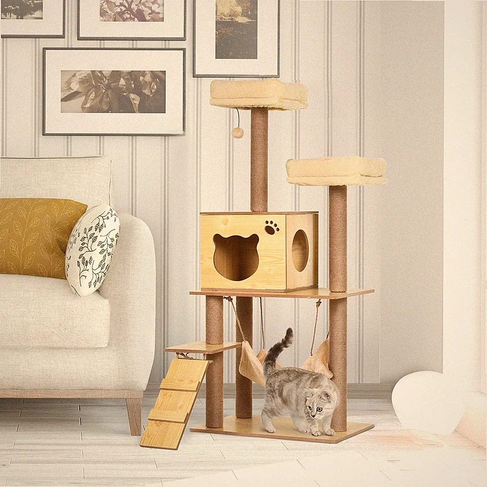 PawHut 130 cm Kratzbaum für große Katzen mit Kratzbäumen Spielzeugball gelb