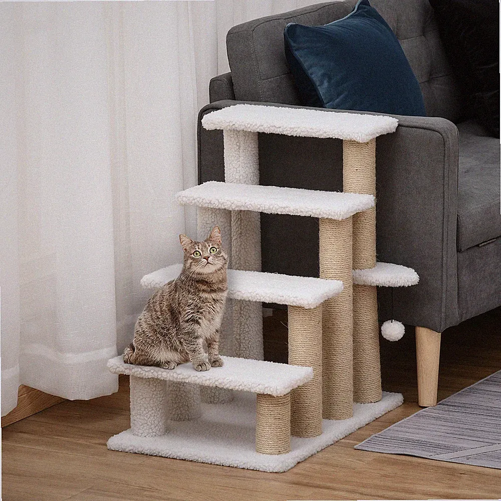 PawHut Haustiertreppe mit 4-stufiger Kletterleiter, Kratzbäume, weiß