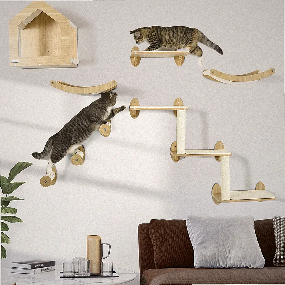 PawHut Katze Wand Möbel Eigentumswohnung Sitzstangen Kratzbäume Stufen 8 Stück Beige