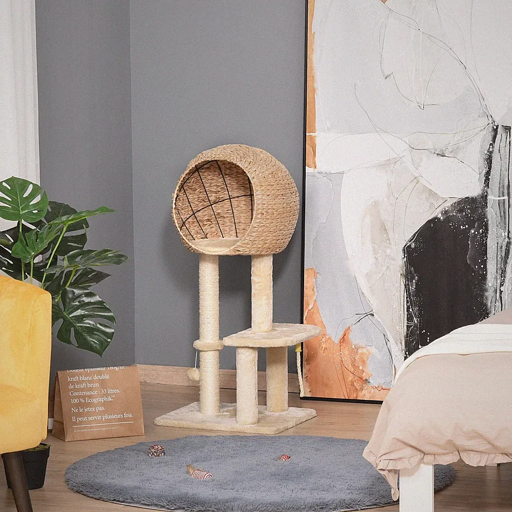 PawHut Katzenbaum 100 cm Kratzbaum mit Katzenhöhle Sisal weiche Plüsch Beige