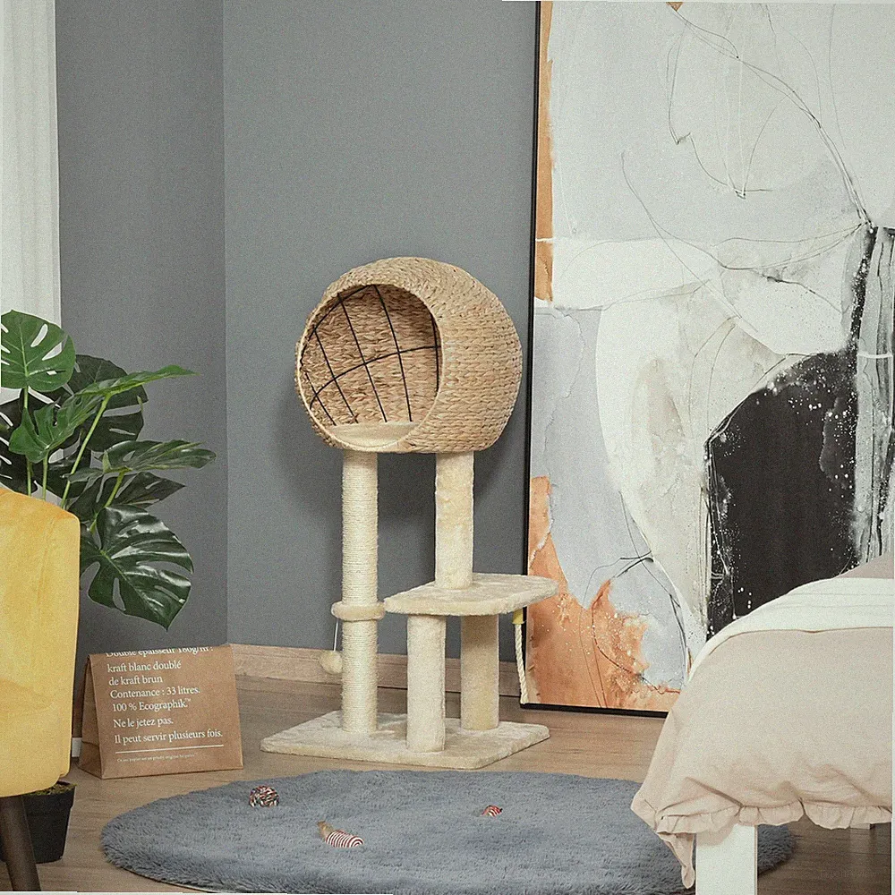 PawHut Katzenbaum 100 cm Kratzbaum mit Katzenhöhle Sisal weiche Plüsch Beige