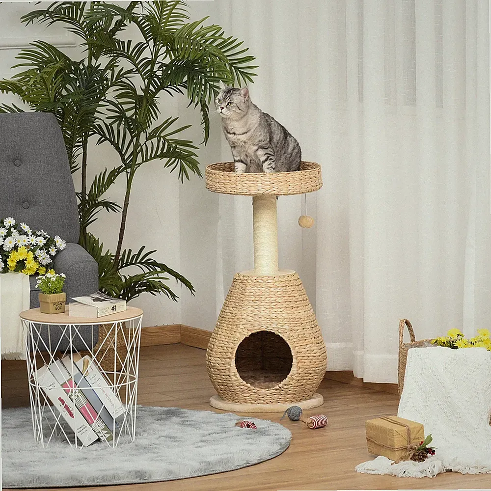 PawHut Katzenbaum Kratzbaum mit Katzenhöhle Sisal Höhe 82,5 cm Gelb Plüsch