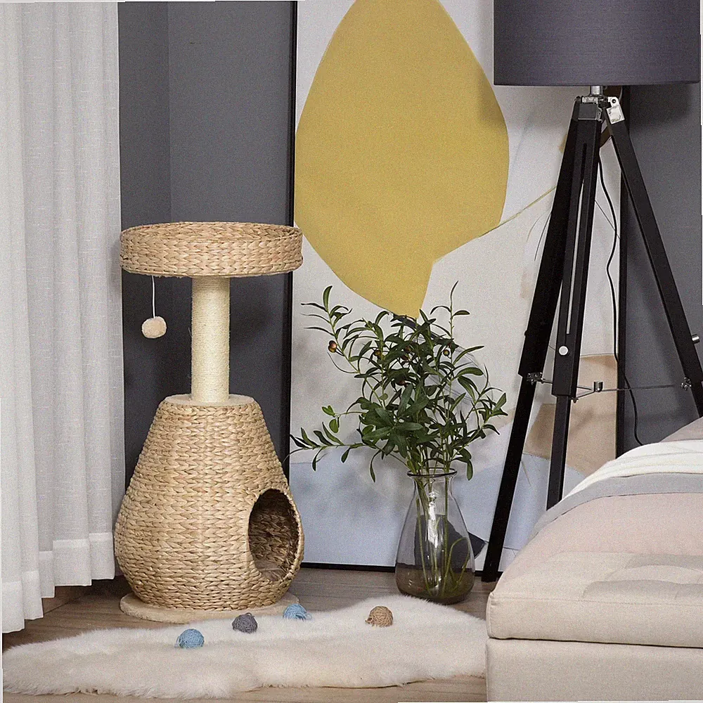 PawHut Katzenbaum Kratzbaum mit Katzenhöhle Sisal Höhe 82,5 cm Plüsch Gelb