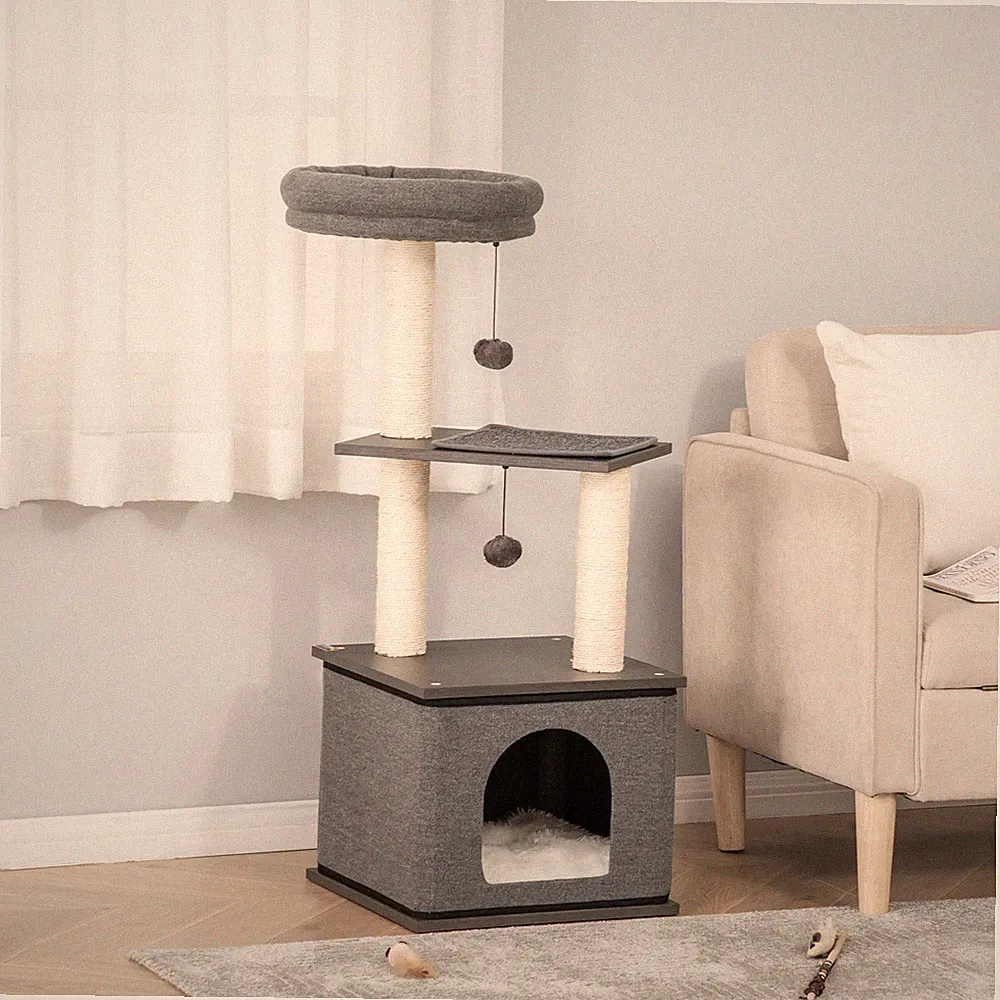 PawHut Katzenkratzbaum Katzenspielzeug Spielseil PB-Platte Sisal Dunkelgrau