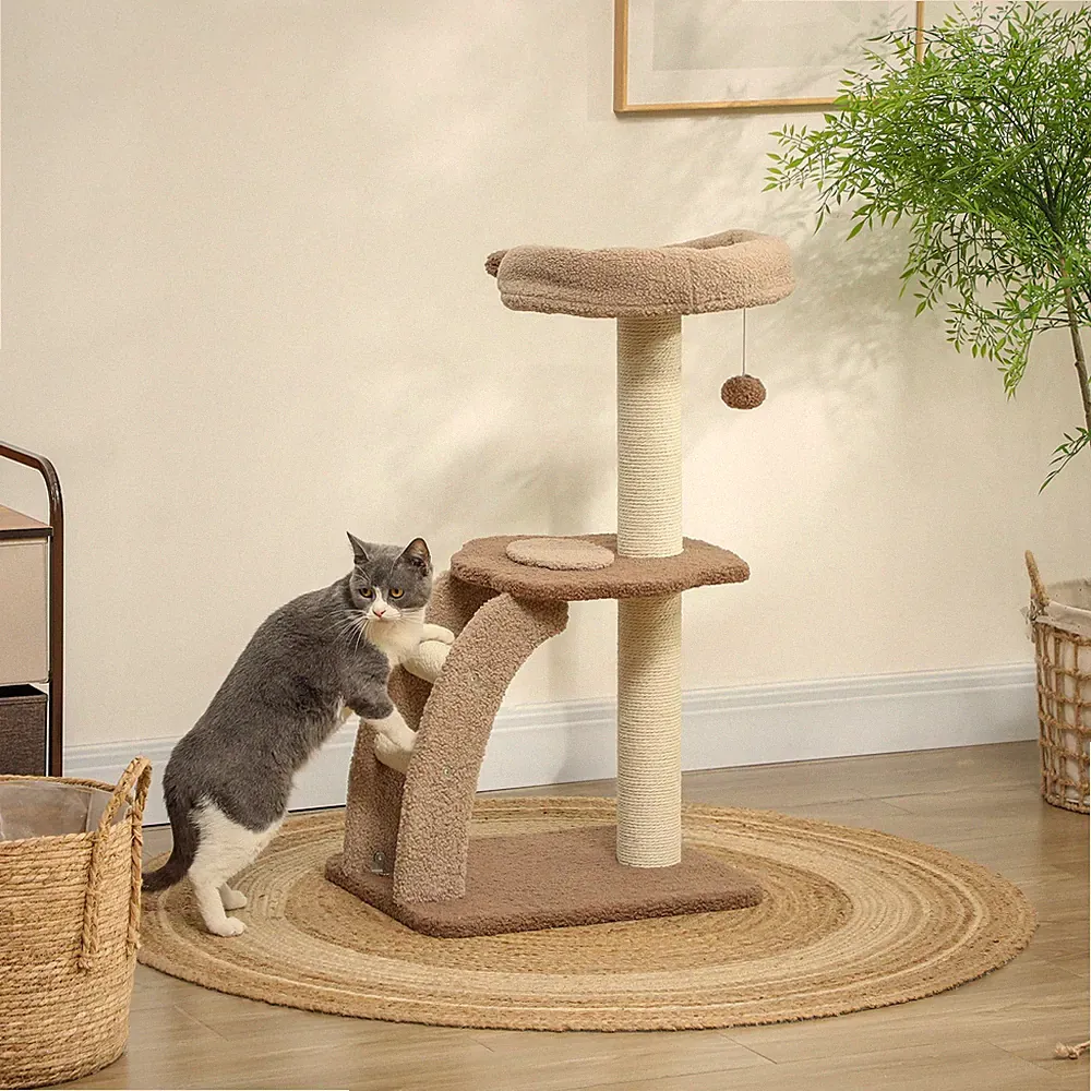 PawHut Katzenturm mit Sisal-Kratzbaum, Ball, Sitzstange, Treppe, 88 cm, braun