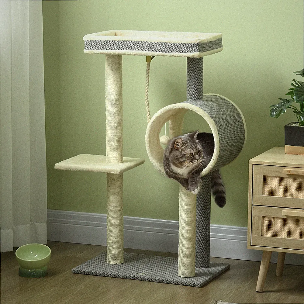 PawHut Kratzbaum 104cm Katzenbaum mit Katzenhöhle, Katzenkratzbaum mit Spielball