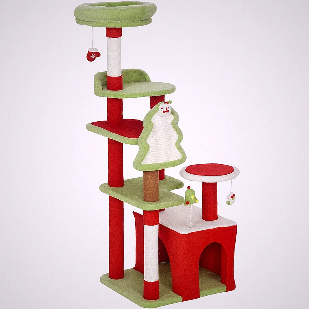 PawHut Kratzbaum, 120 cm weihnachtlicher Katzenturm mit 3 Kratzbäumen, Kratzb