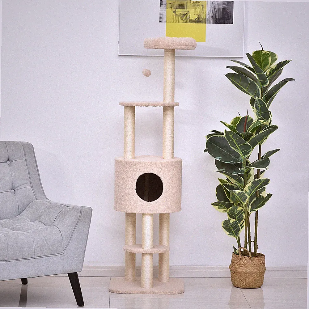 PawHut Kratzbaum 148 cm hoch Katzenbaum mit Höhle, 4 Spielzeuge, Sisalstämme