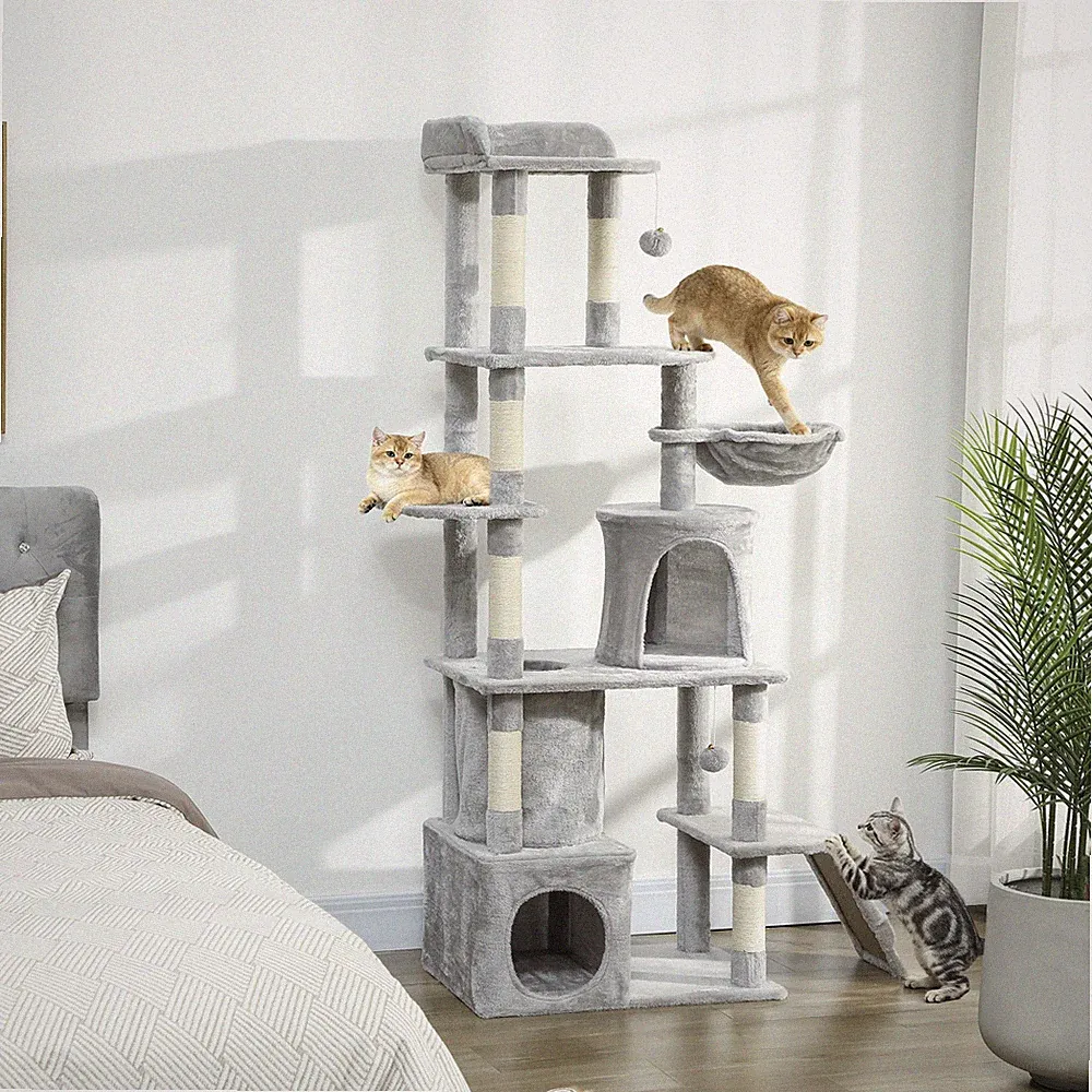 PawHut Kratzbaum 170cm Katzenturm mit Höhle, 2 Plüschballen, Sisalstämme