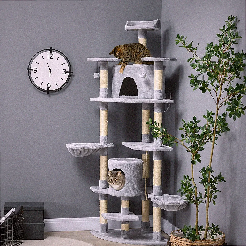 PawHut Kratzbaum 200H cm Katzenbaum mit Höhlen und Spielzeugbälle Hellgrau