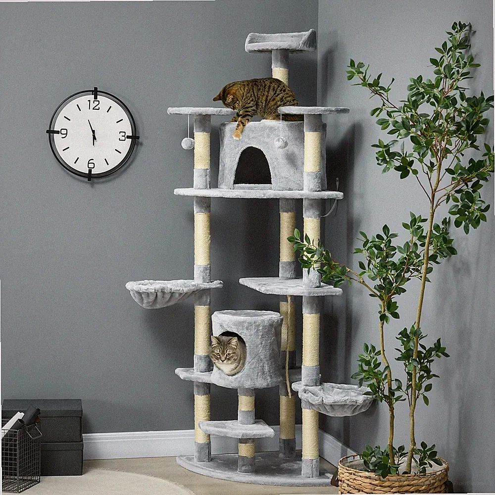 PawHut Kratzbaum 200H cm Katzenbaum mit Höhlen und Spielzeugbälle Hellgrau