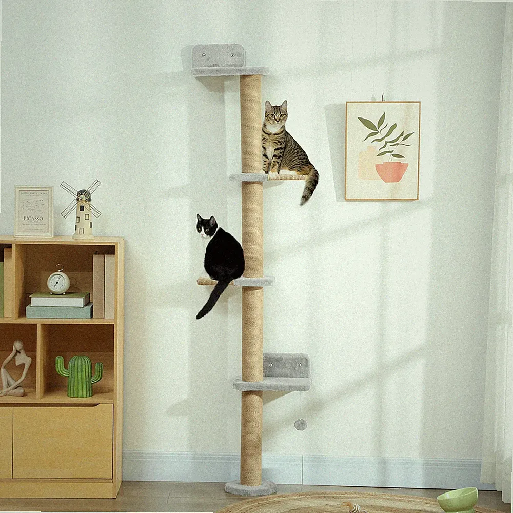 PawHut Kratzbaum 5 Etagen 180 cm Katzenturm mit Spielball für Katzen Hellgrau
