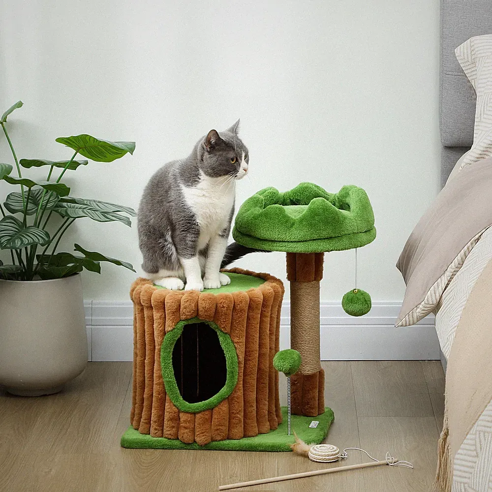PawHut Kratzbaum 53 cm hoch Katzenbaum mit Höhle, Baumstamm-Design Braun