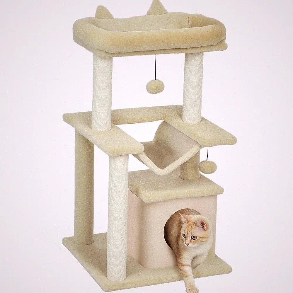 PawHut Kratzbaum, 90 cm Katzenturm mit Sisal-Kratzbäumen, beige