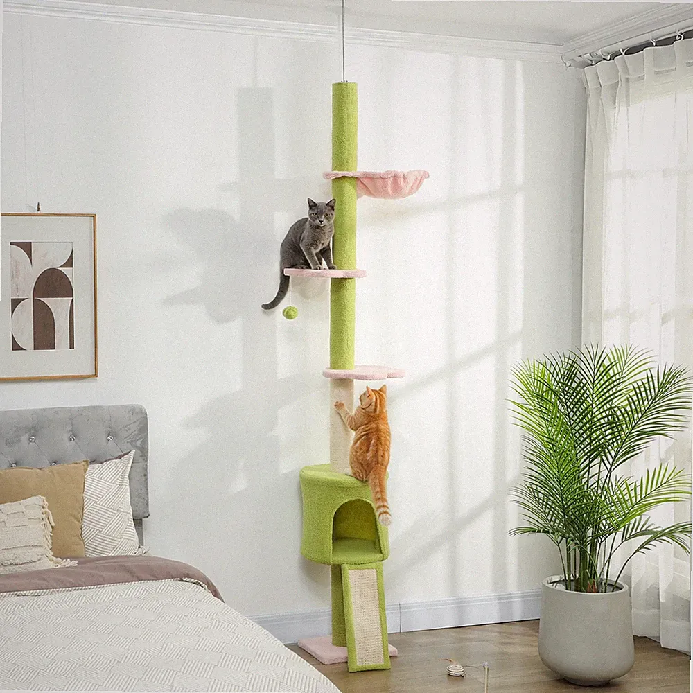 PawHut Kratzbaum Deckenhoch 200-240 cm höhenverstellbar mit Hängematte, Höhle