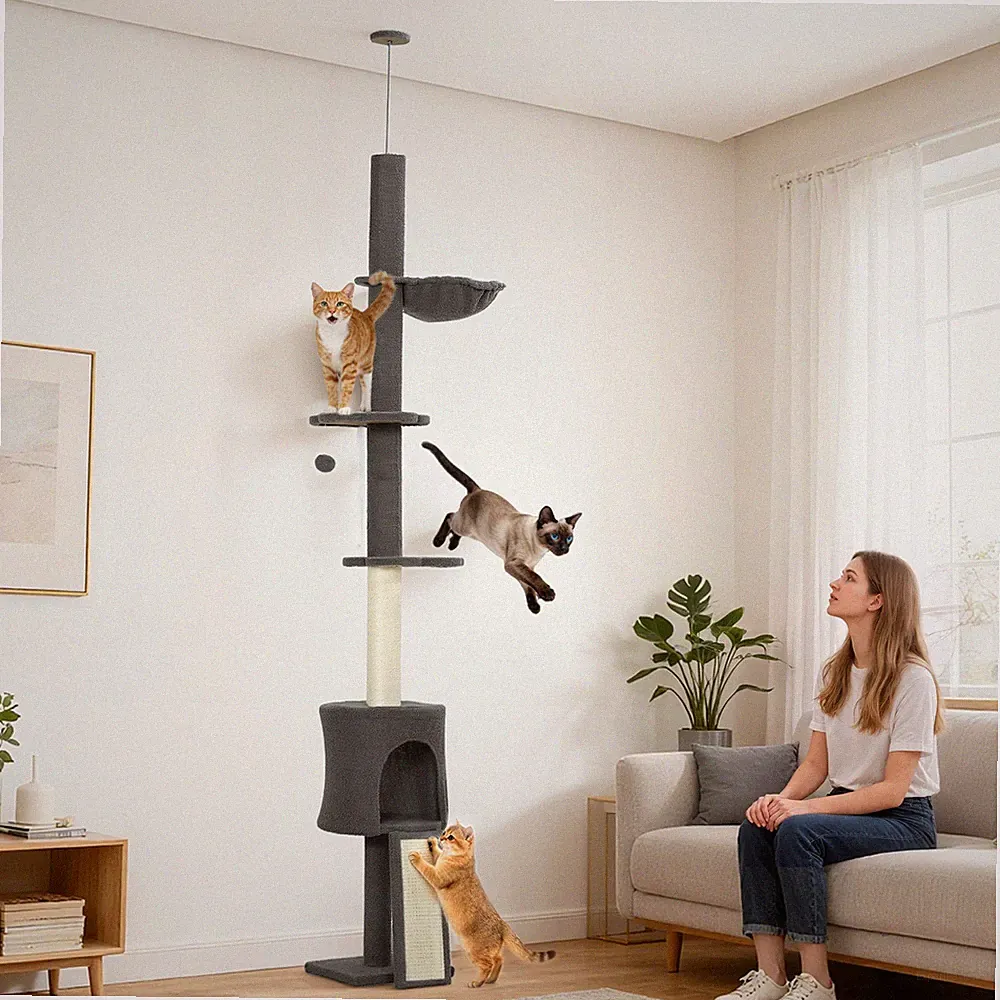 PawHut Kratzbaum Deckenhoch 200-240 cm höhenverstellbar mit Hängematte, Höhle