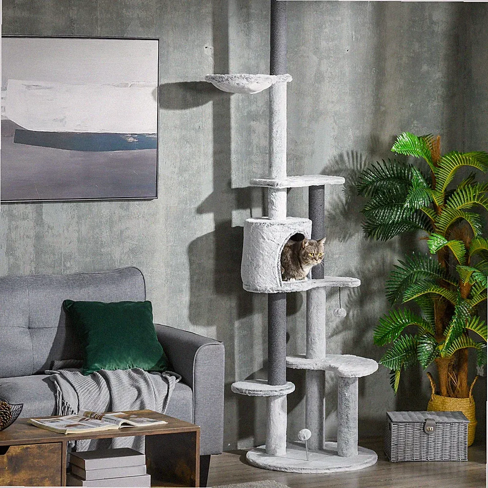 PawHut Kratzbaum Deckenhoch, 225-255 cm Katzenbaum mit Katzenhöhle, Korb, Grau