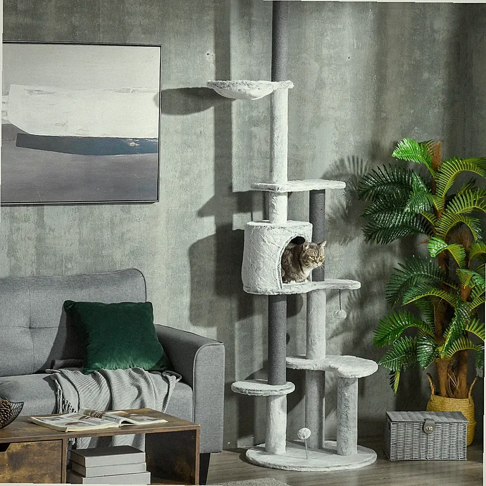 PawHut Kratzbaum Deckenhoch, 225-255 cm Katzenbaum mit Katzenhöhle, Korb, Grau