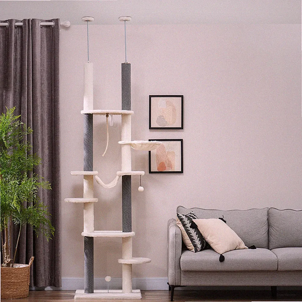 PawHut Kratzbaum Deckenhoch Katzenbaum 225-255cm Katzenkratzbaum mit Hängematten