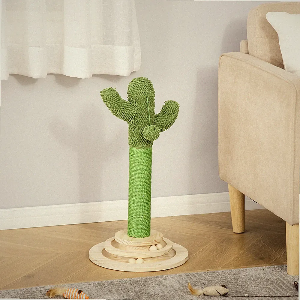 PawHut Kratzbaum Kaktus Spielzeug 65 cm Hoch Sisal Seil Kiefernholz Grün+Natur