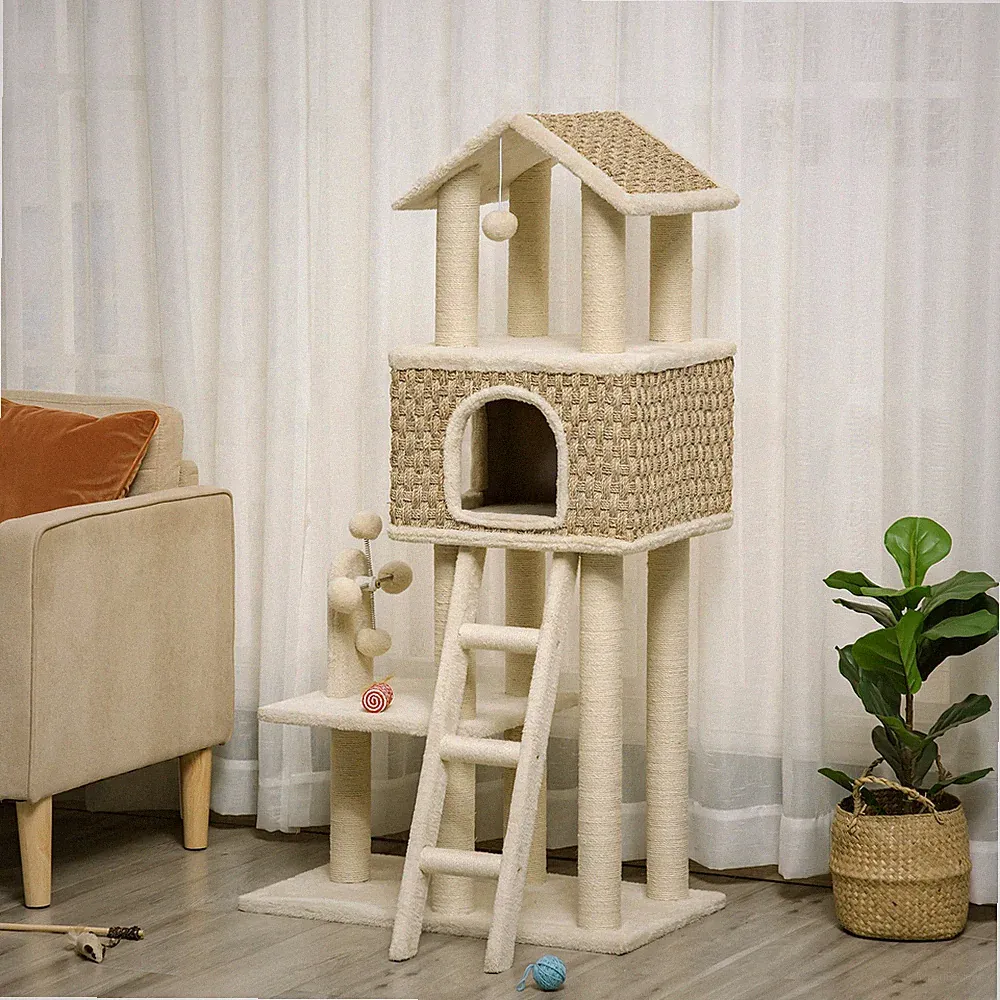 PawHut Kratzbaum Katzenbaum 130H cm Kletterbaum mit Katzenhöhle Spielbälle