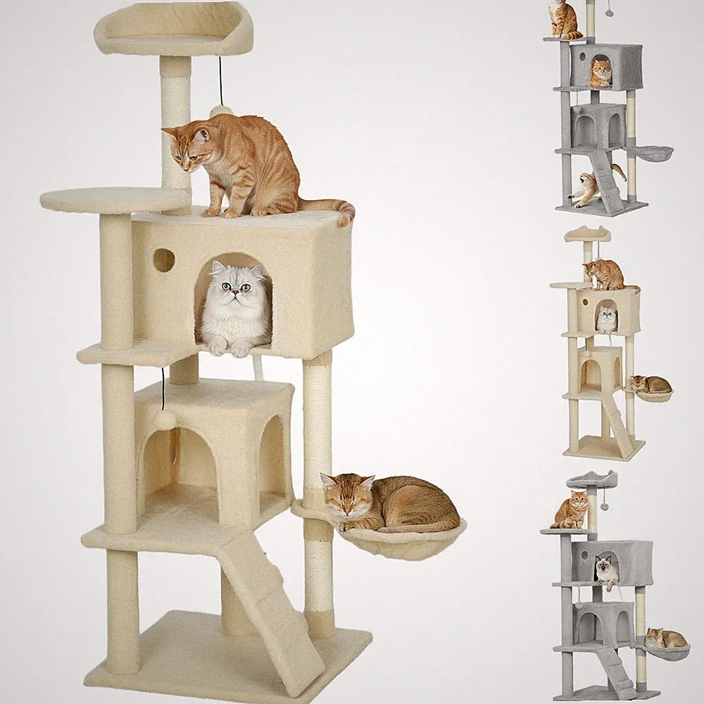 PawHut Kratzbaum, Katzenbaum mit Höhlen, Korb, Hängematte, 2 Bällen