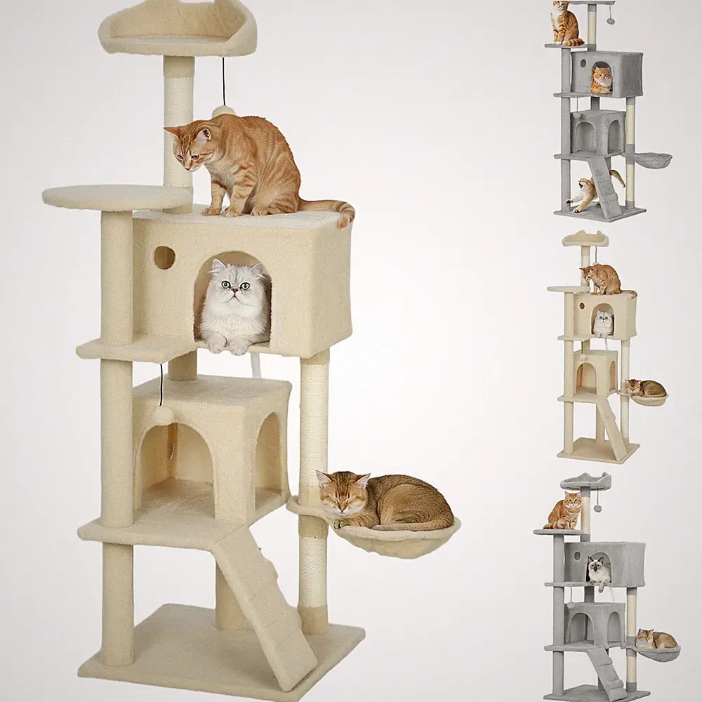PawHut Kratzbaum, Katzenbaum mit Höhlen, Korb, Hängematte, 2 Bällen