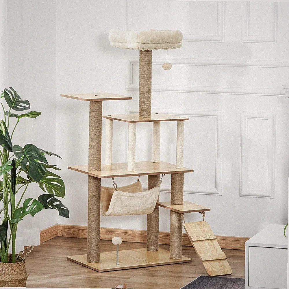PawHut Kratzbaum Katzenbaum mit Katzenhöhle Höhe 130 cm Jute Plüsch Gelb