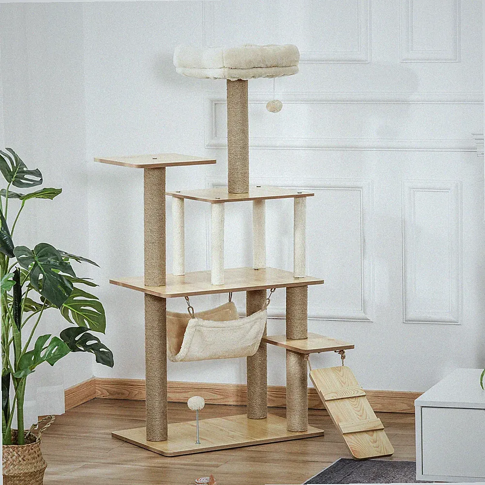 PawHut Kratzbaum Katzenbaum mit Katzenhöhle Höhe 130 cm Jute Plüsch Gelb