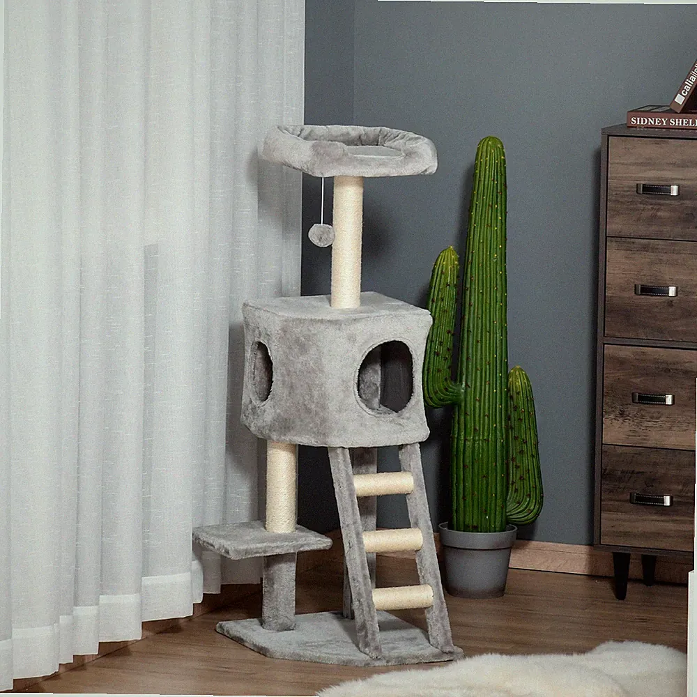 PawHut Kratzbaum Katzenbaum mit Katzenhöhle Leiter E1 MDF Sisal Hellgrau