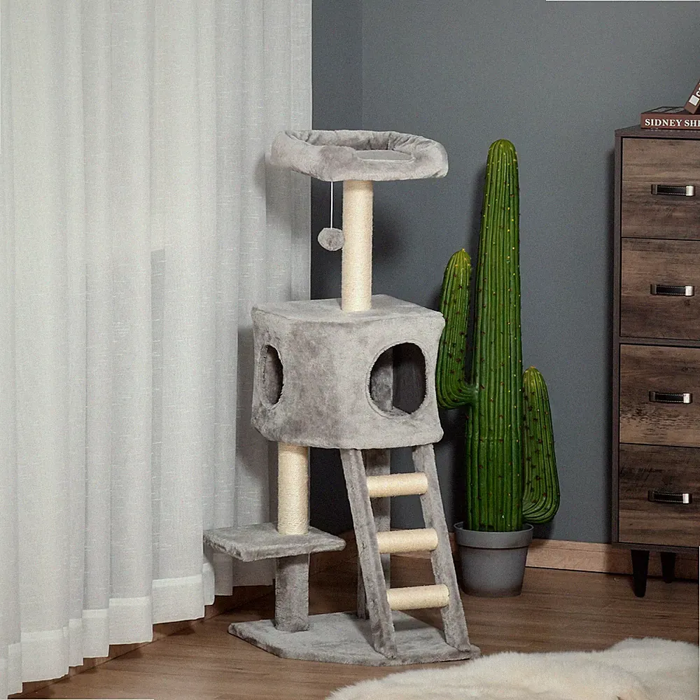 PawHut Kratzbaum Katzenbaum mit Katzenhöhle Leiter E1 MDF Sisal Hellgrau