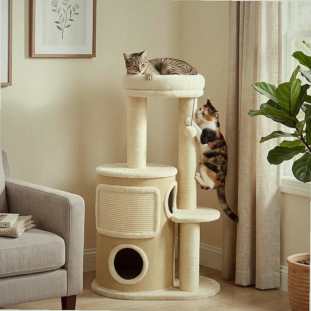 PawHut Kratzbaum mit 2-stöckiger Kratztonne Katzenbaum mit Sisal-Kratzpfosten