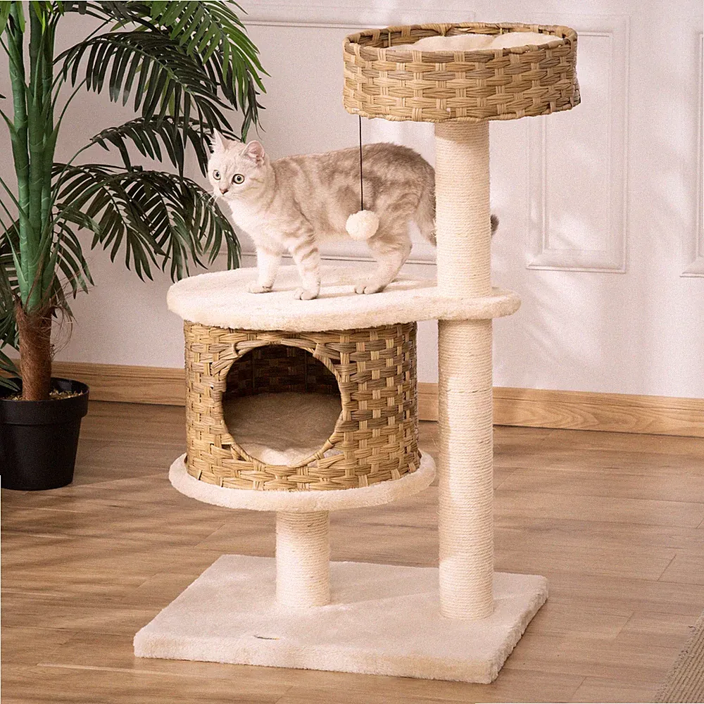PawHut Kratzbaum Rattan Katzenbaum Kletterbaum mit Katzenhöhle Höhe 95 cm