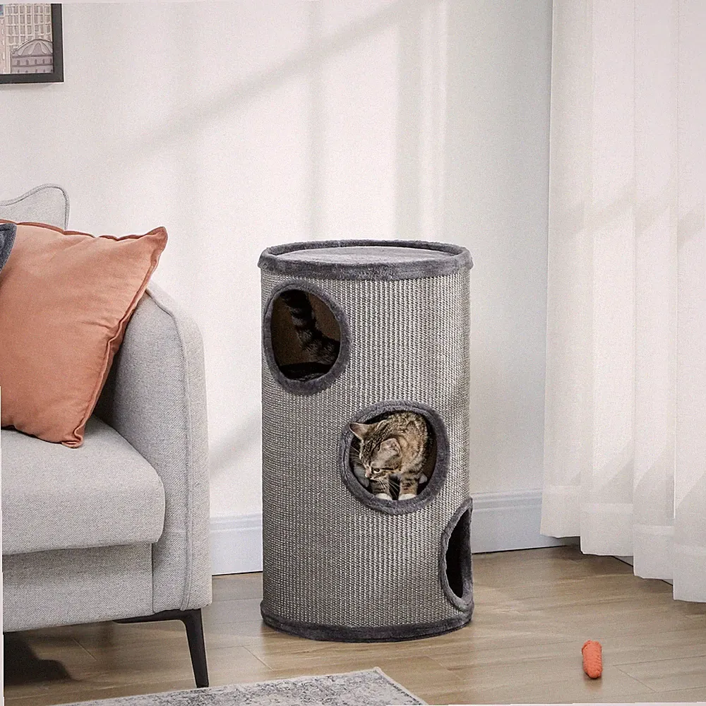 PawHut Kratztonne, Katzenkratzbaum mit 3 Höhlen, Spieltonne für Katzen, Grau