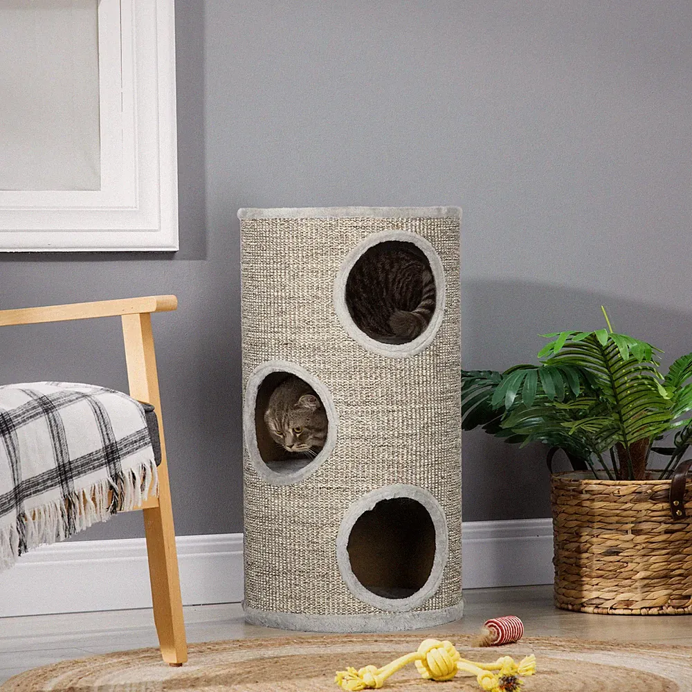PawHut Kratztonne, Katzenkratzbaum mit 3 Höhlen, Spieltonne für Katzen, Hellgrau