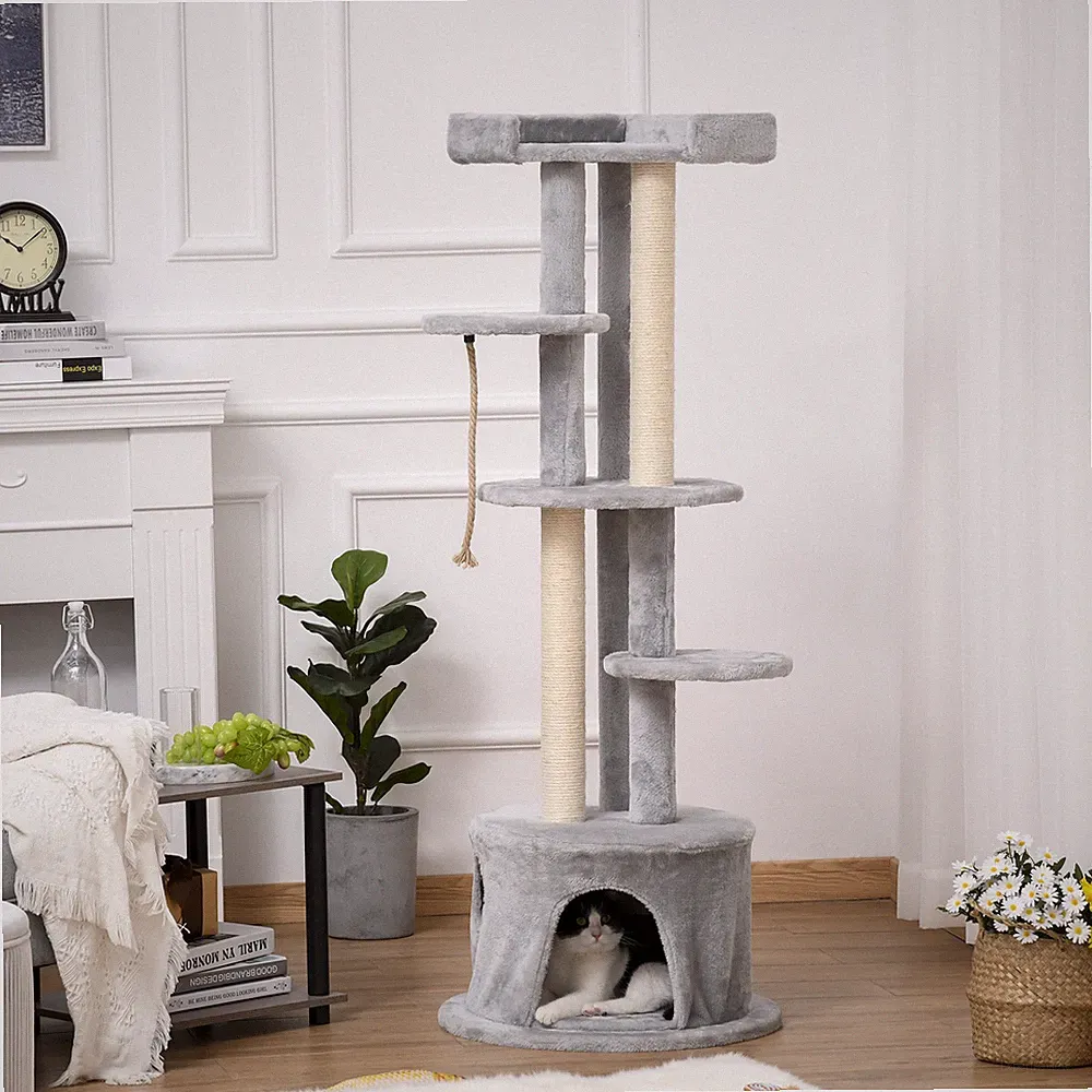 PawHut mehrstöckiger Katzenbaumturm mit Eigentumswohnung Kratzbaum, 150 cm, grau