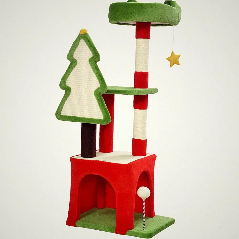 PawHut Weihnachtsbaum Weihnachten, 120 cm Katzenturm mit Kratzbaum & Brett, Platfor