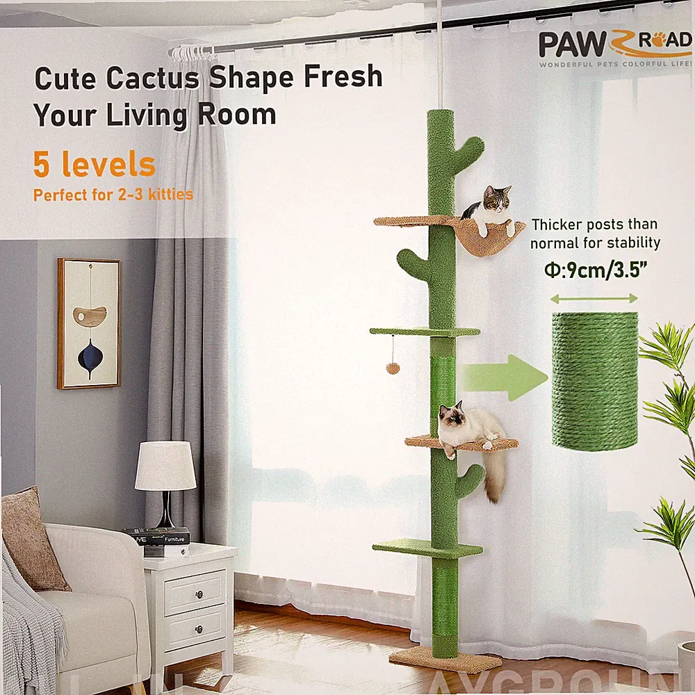 PAWZ Road Deckenhoch Kratzbaum Kaktus Katzenkratzbaum 5 Tiers Stabil 229-275cm