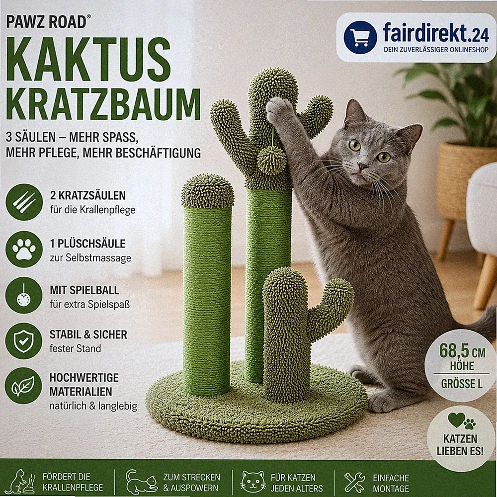 PAWZ Road Kaktus Kratzbaum 68,5cm Kratzsäule Sisal 3 Säulen Grün Katzen A-Ware