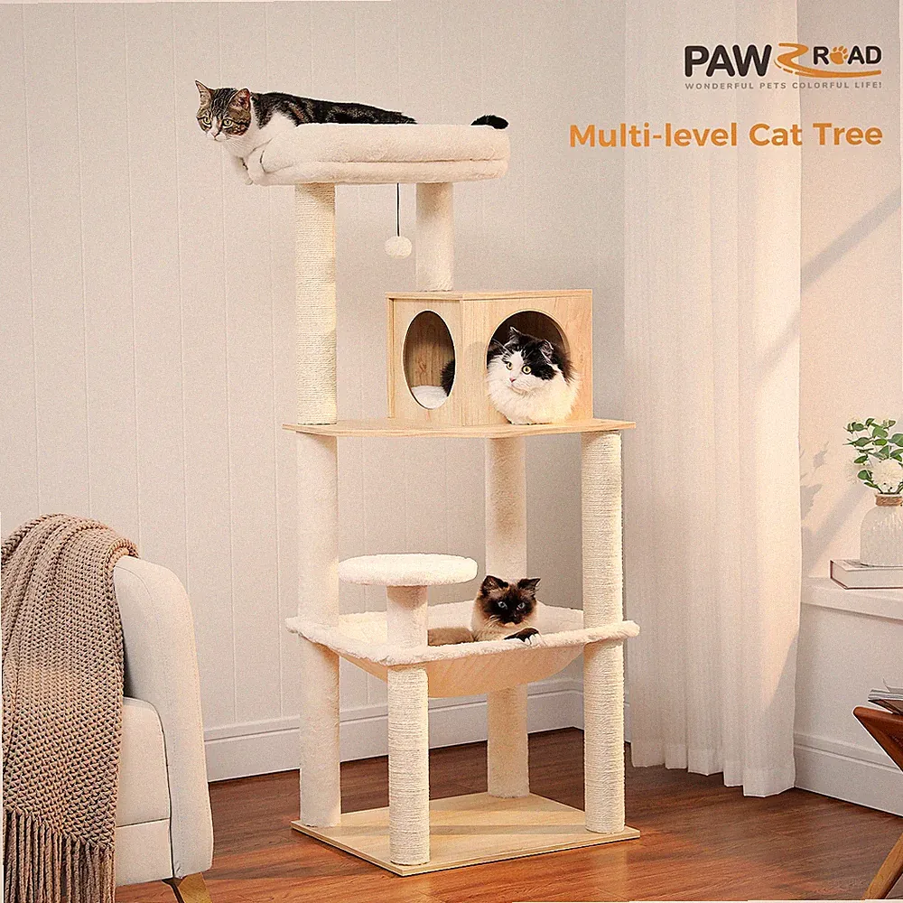 PAWZ Road Katzenbaum Holz 143 cm Moderner Kratzbaum mit großer Hängematte Beige