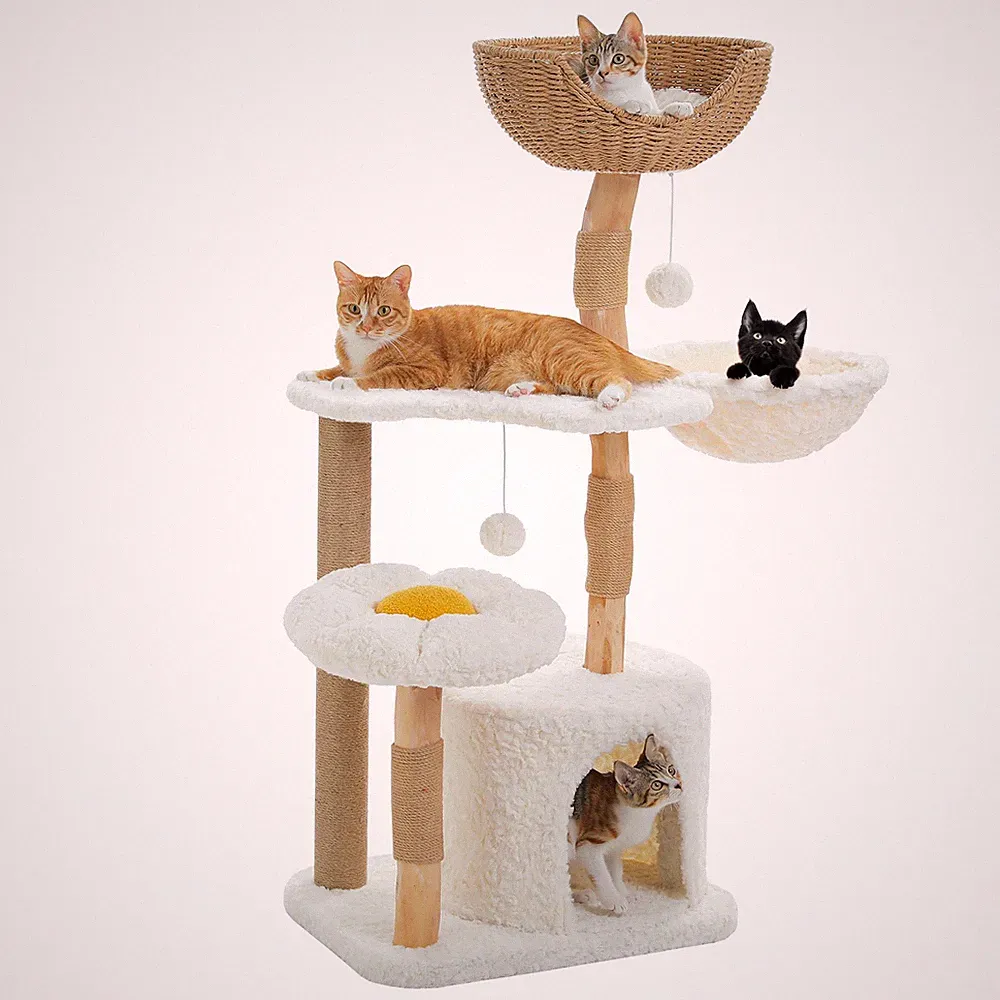PAWZ Road Kratzbaum 120 cm Massivholz mit Rattanhaus und Blumenplattform