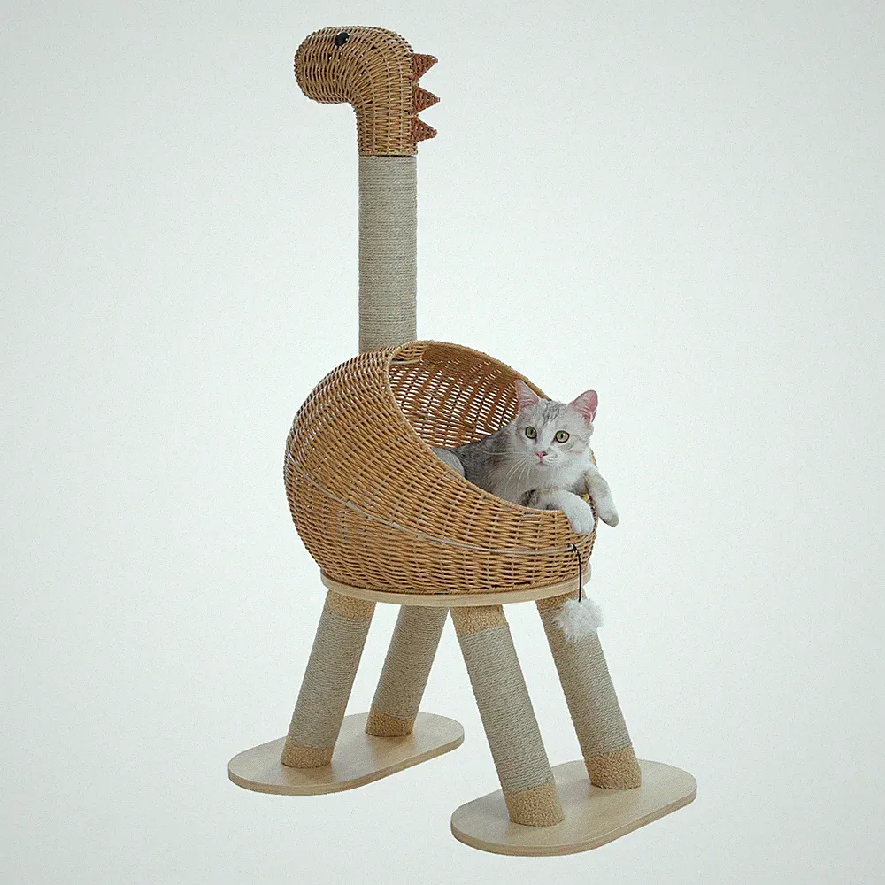 PAWZ Road Moderner Katzenbaum Dinosaurier-Design mit Kratzpfosten & Rattan-Haus