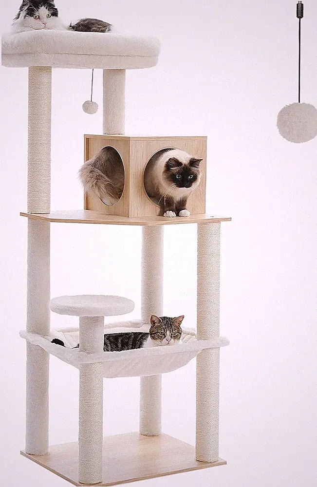 PETEPELA 143cm Moderner Katzen-Kratzbaum aus Holz mit großer Hängematte, Kratz