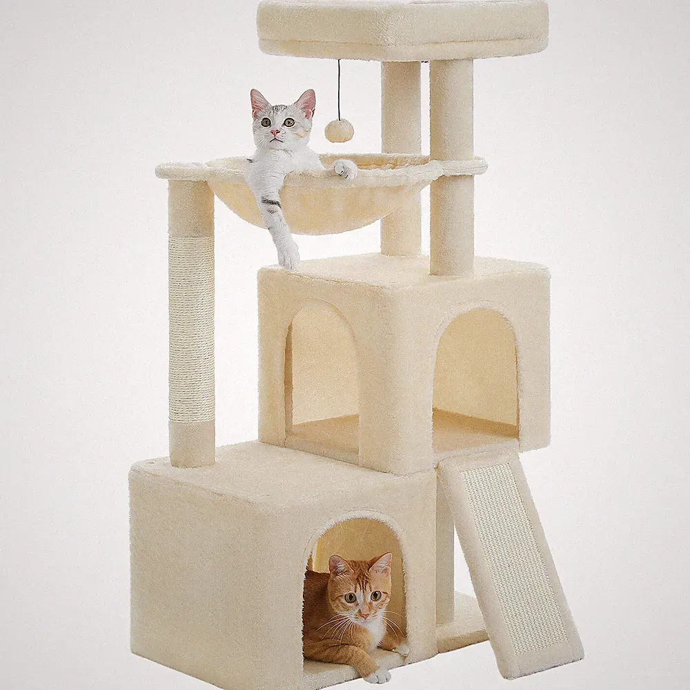 PETEPELA Kratzbaum Stabil Katzenbaum mit 2 Höhle, Hängematte und Kratzpad 104 cm