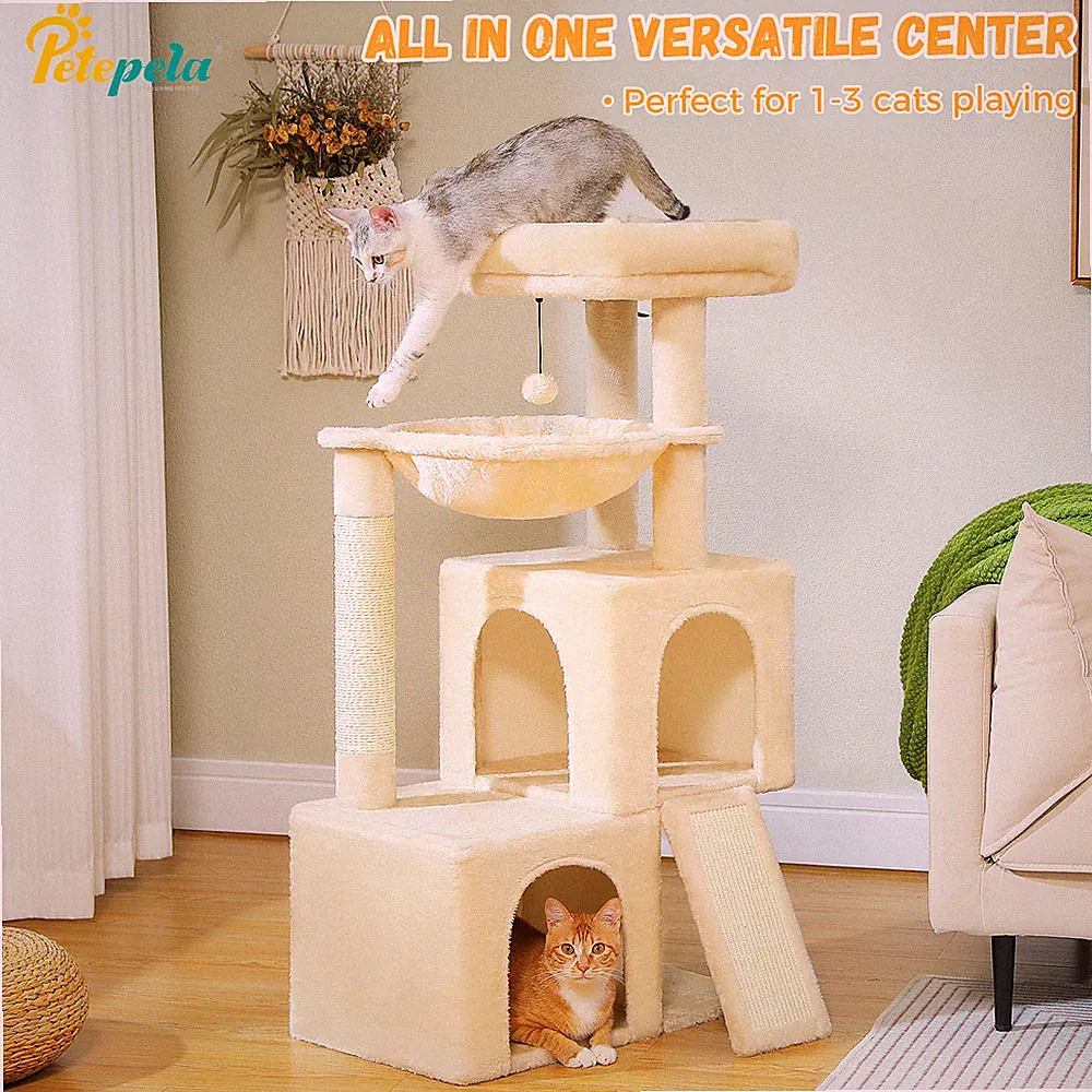PETEPELA Kratzbaum Stabil Katzenbaum mit 2 Höhle, Hängematte und Kratzpad 104 cm