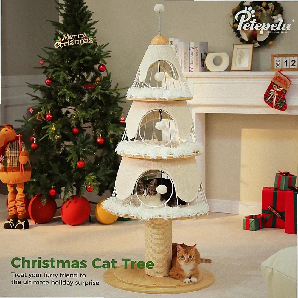 PETEPELA Kratzbaum Weihnachten mit 14cm Dicke Stämme und 3 Katzenhütten 130 cm