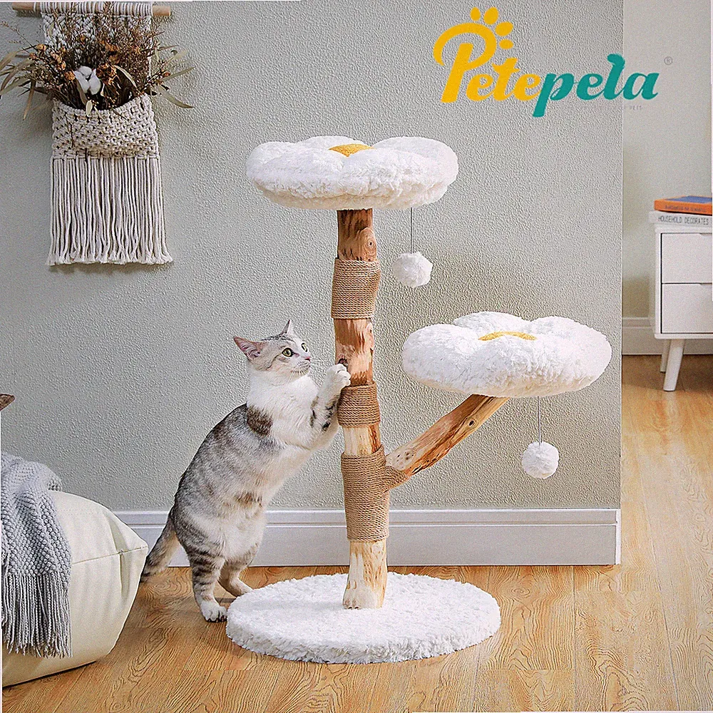 PETEPELA Naturholz Kratzbaum mit 2 Blumen Sitzplätzen 90cm Boho Katzenmöbel