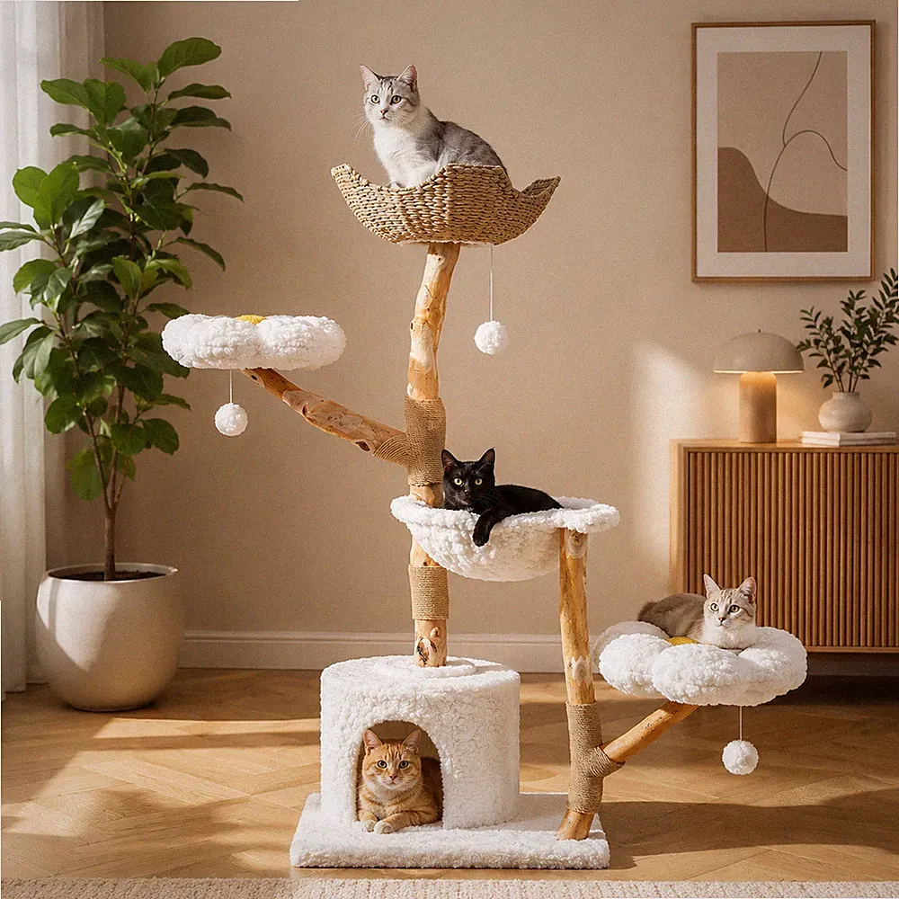 Premium Kratzbaum 150 cm Naturholz Katzenbaum Sisal Kletterbaum für 4–6 Katzen